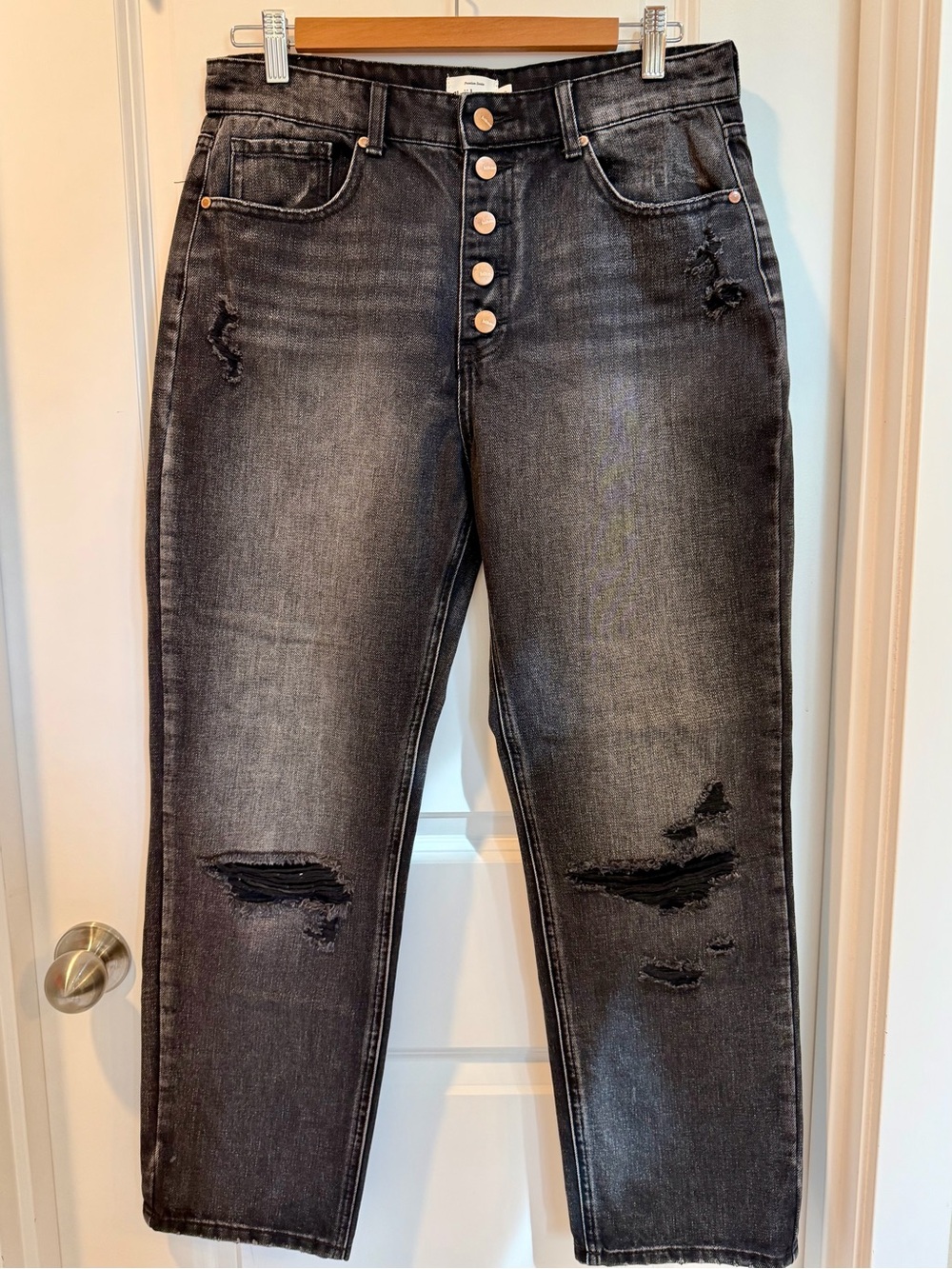Böhme Estilo Distressed Black Ankle Jeans Button Fly Size 28 Ripped Grunge